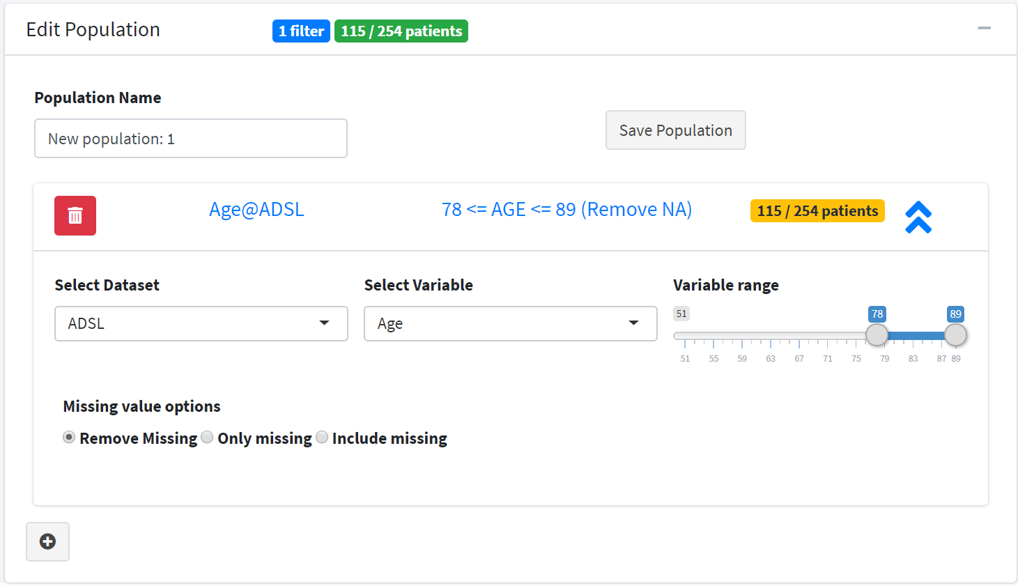 Create a filter for patients between age 78 and 89